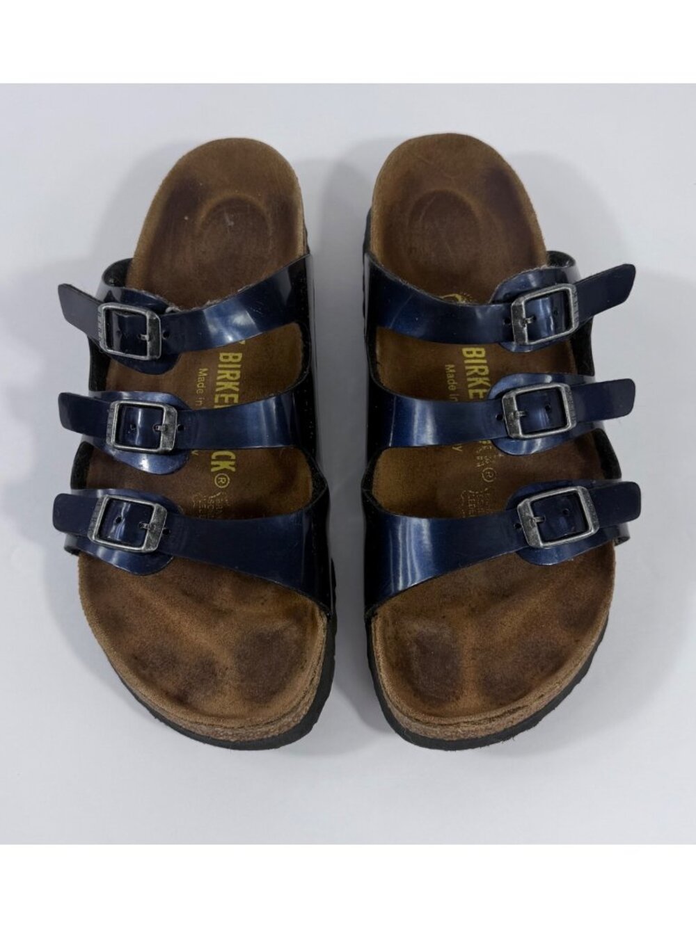 Birkenstock Florida 3-Strap Navy Blue Sandals Size 37 EU Leather Cork Sole Germa